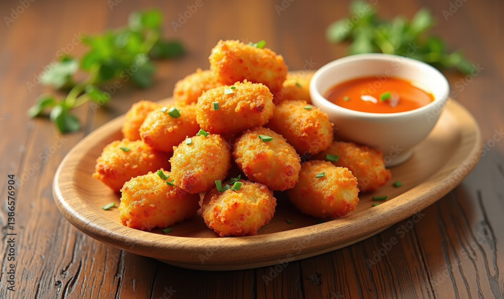 Crispy, golden-brown fried snacks served on a wooden platter with a side of dipping sauce, perfect for appetizers, parties, or casual dining. Crispy, golden-brown fried snacks served on a wooden platter with a side of dipping sauce, perfect for appetizers, parties, or casual dining.