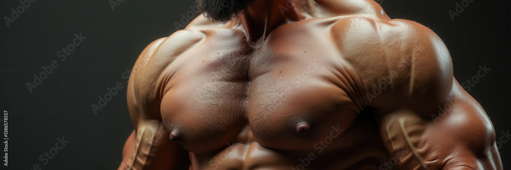 Naklejka premium A powerful close-up of a muscular man's chest, showcasing strength and dedication. Perfect for fitness, health, bodybuilding, and motivational themes.