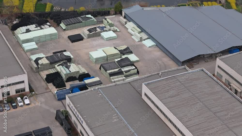 Factory warehouse and stacking materials overlooking Factory warehouse and stacking materials overlooking