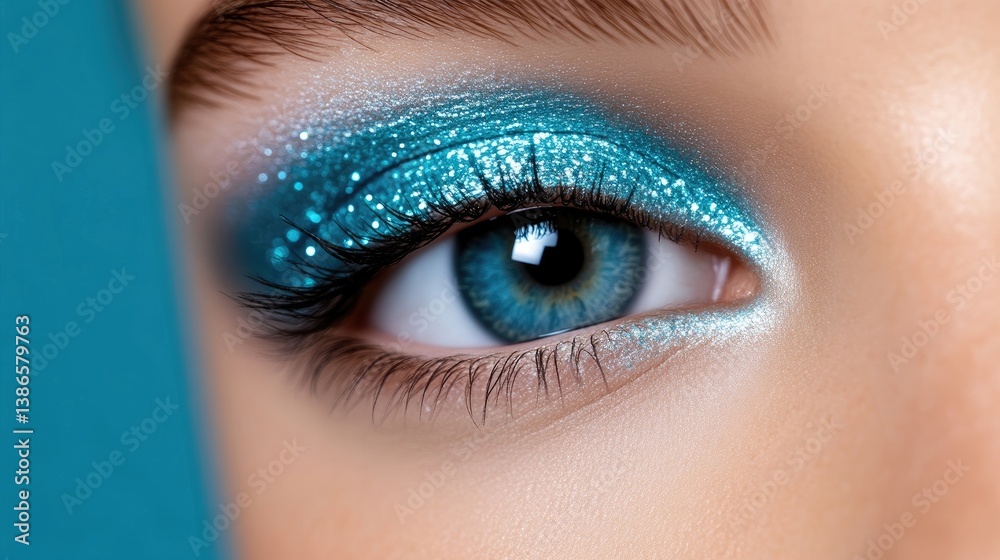 Obraz premium Close-up eye makeup, vibrant teal glitter