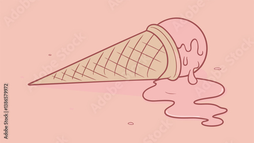 Melting Ice Cream Cone set on Soft Pink Background  
 Hype realistic waffle cone with white and pink scoops dripping smoothly Glossy textures and monochromatic pink palette for a clean, polished look