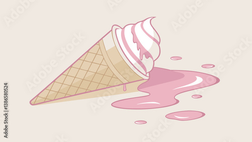 Melting Ice Cream Cone set on Soft Pink Background  
 Hype realistic waffle cone with white and pink scoops dripping smoothly Glossy textures and monochromatic pink palette for a clean, polished look