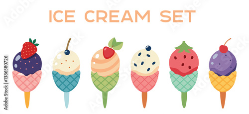 Studio Shot of Assorted Ice Cream Scoops on White Background Six vibrant scoops featuring flavors like pistachio, strawberry, blueberry, chocolate, vanilla, and Vector illustration