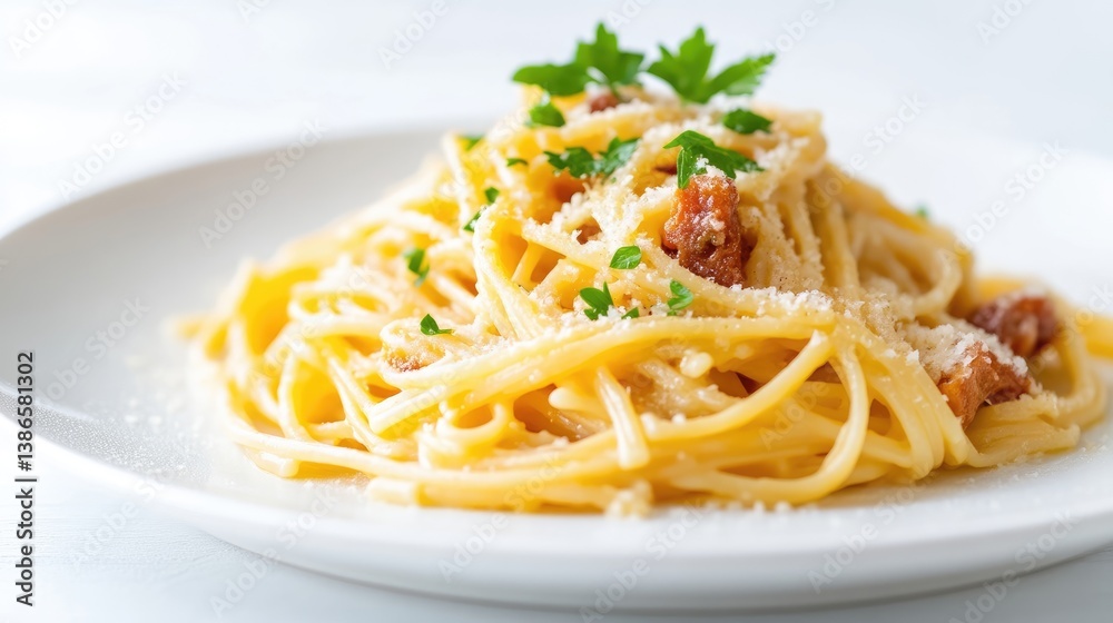 A plate of creamy carbonara pasta with bacon and parsley, served on a white dish, close-up shot with soft lighting, and Italian cuisine concept.