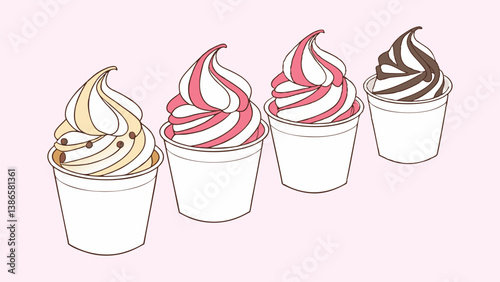 Row of Colorful Soft Serve Ice Cream in White Paper Cups Four swirled flavors including pink, caramel, chocolate, and mixed swirl Bright, clean and smooth textures vector illustration