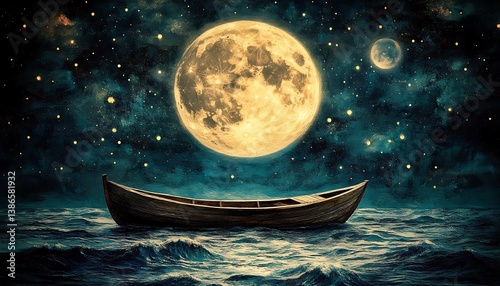 Dreamy Boat on Moonlit Sea