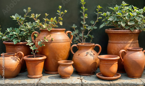 Wallpaper Mural A collection of beautifully crafted terracotta pots adorned with lush green plants, perfect for decorating gardens, homes, or commercial floral arrangements. Torontodigital.ca