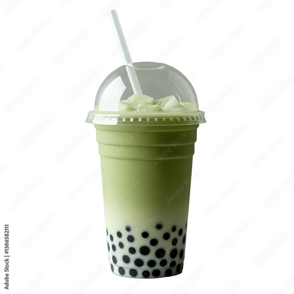 Matcha Bubble Tea with Ice, Transparent Background. Matcha Bubble Tea with Ice, Transparent Background.