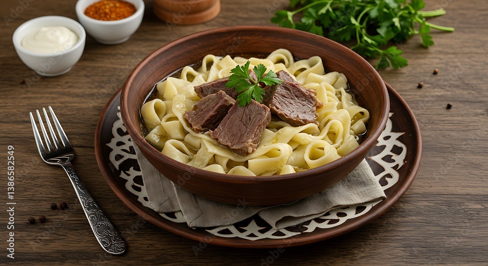 Fototapeta premium Serving of Kazakh Beshbarmak with Noodles and Beef on Wood Table