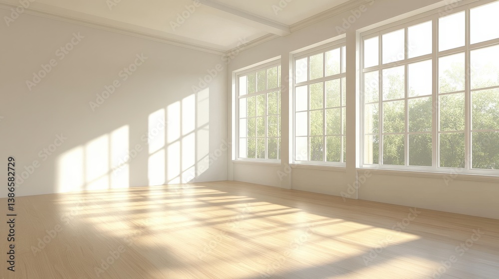 Fototapeta premium Bright Sunlight in Minimalist Empty Room with Large Windows and Light Wood Floor