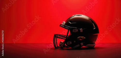 A sleek black football helmet against a vibrant red background, ideal for sports marketing, team branding, or athletic promotions.