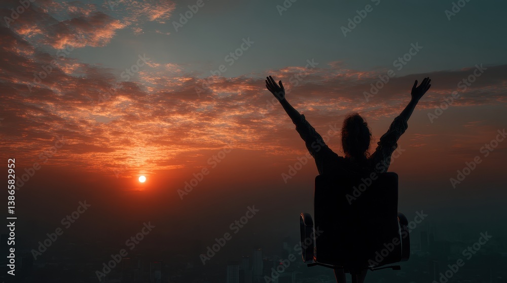 Fototapeta premium Silhouette of Person on Chair Against Vibrant Sunset Sky