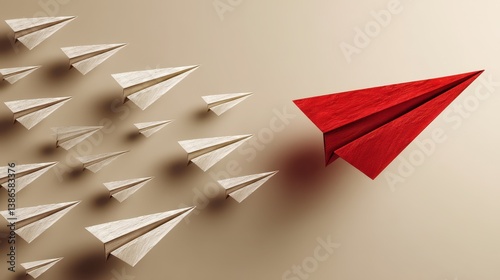 Wallpaper Mural Red Paper Plane Leads White Planes in Flight on Neutral Background Torontodigital.ca