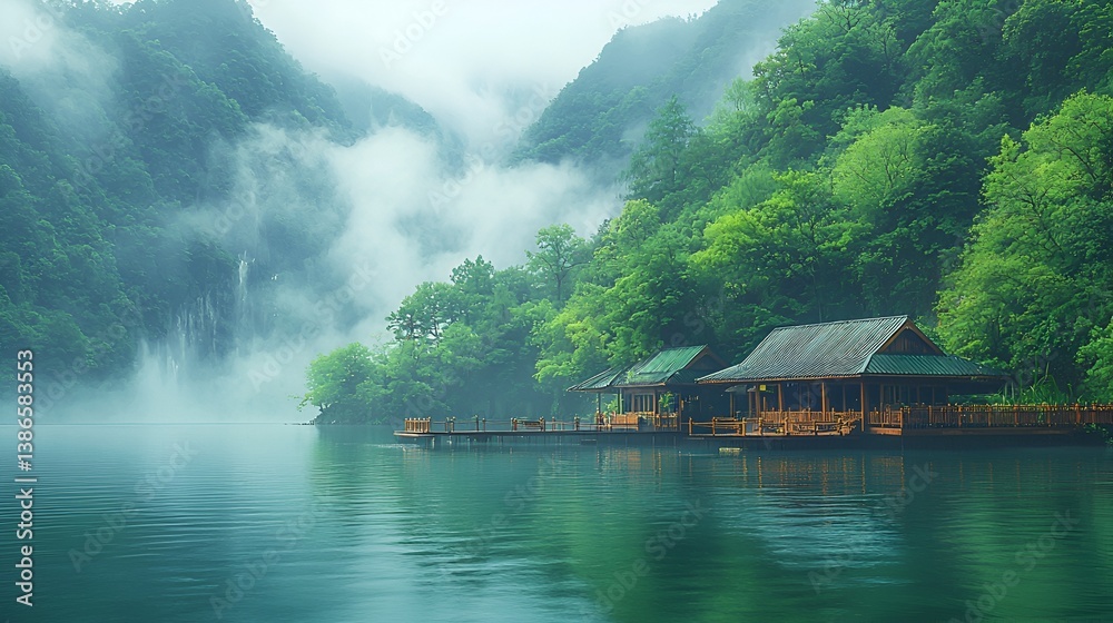 Fototapeta premium Misty mountain lake with tranquil wooden houses.