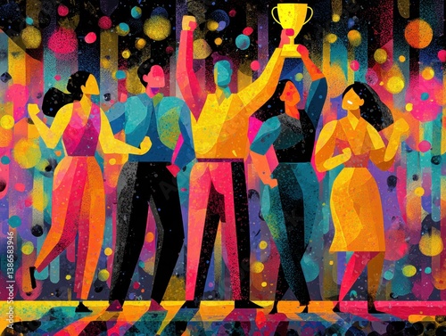 Wallpaper Mural Celebrating Team Success with Award and Colorful Confetti Background Torontodigital.ca