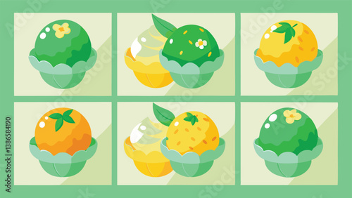 Colorful Ice Cream with Various Toppings Vibrant flavors like mango, pistachio, chocolate, and lavender on white background with bright and vector illustration