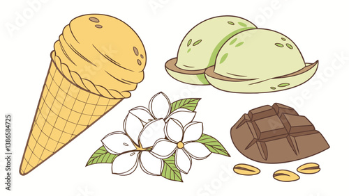 Ice Cream with Various Toppings Vibrant flavors like mango, pistachio, chocolate, and lavender on white background with bright and vector illustration