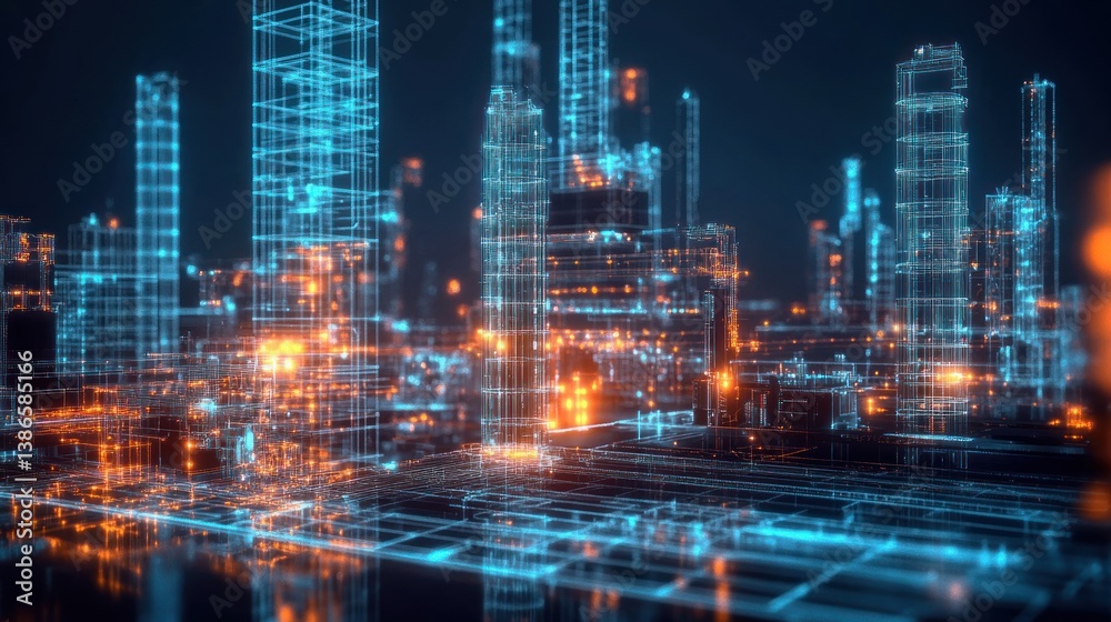 Fototapeta premium Futuristic city with digital network overlay