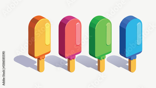 3D Rendered Ice Cream Popsicles with Different Colors and Flavors Playful, glossy popsicles with melting tops on white background and soft lighting vector illustration