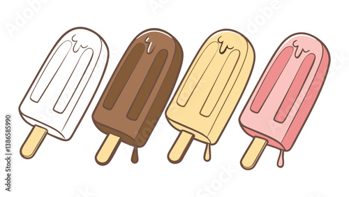 3D Rendered Ice Cream Popsicles with Different Colors and Flavors Playful, glossy popsicles with melting tops on white background and soft lighting vector illustration