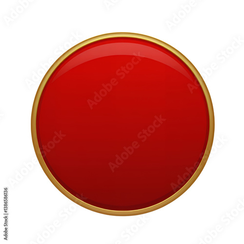Red & Gold Round Button, Glossy, Circle, Transparent Background.