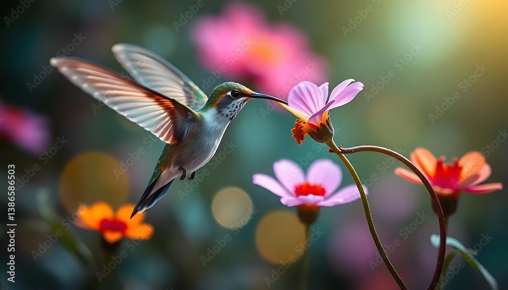 Naklejka premium Hummingbird sips nectar from delicate blossom amid a symphony of colors