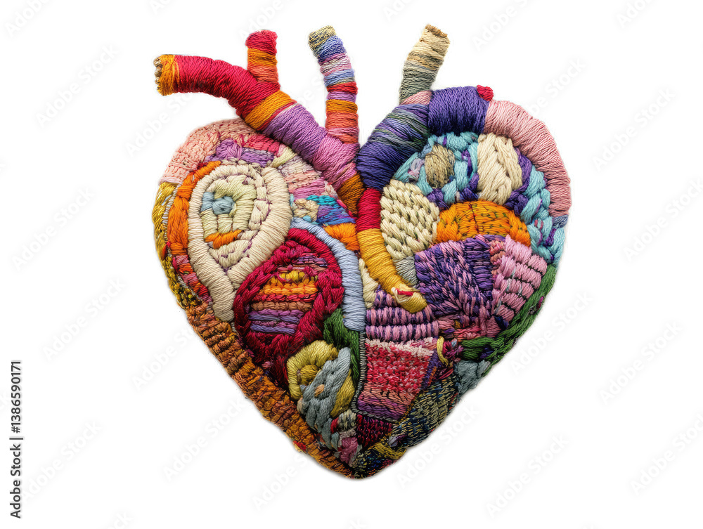 Naklejka premium Embroidered heart with colorful thread stitches and textured surface on white background
