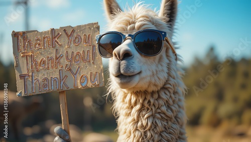 A playful llama wearing sunglasses holds a thank you sign, showcasing a charming interaction between animals and human gratitude.