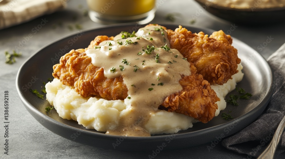 A plate of crispy fried chicken with mashed potatoes and gravy. Featuring indulgent comfort food A plate of crispy fried chicken with mashed potatoes and gravy. Featuring indulgent comfort food