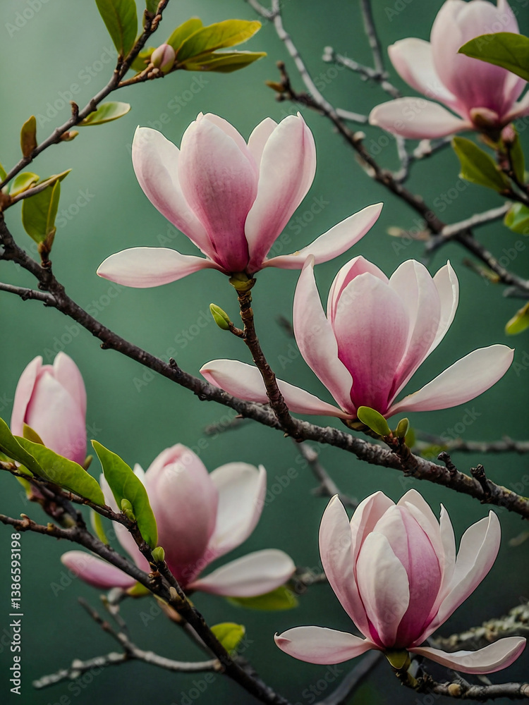 Delicate pink magnolia blossoms on green branches.