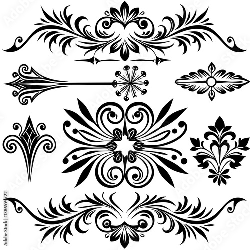 A variety of designs including floral elements, arrows, geometric