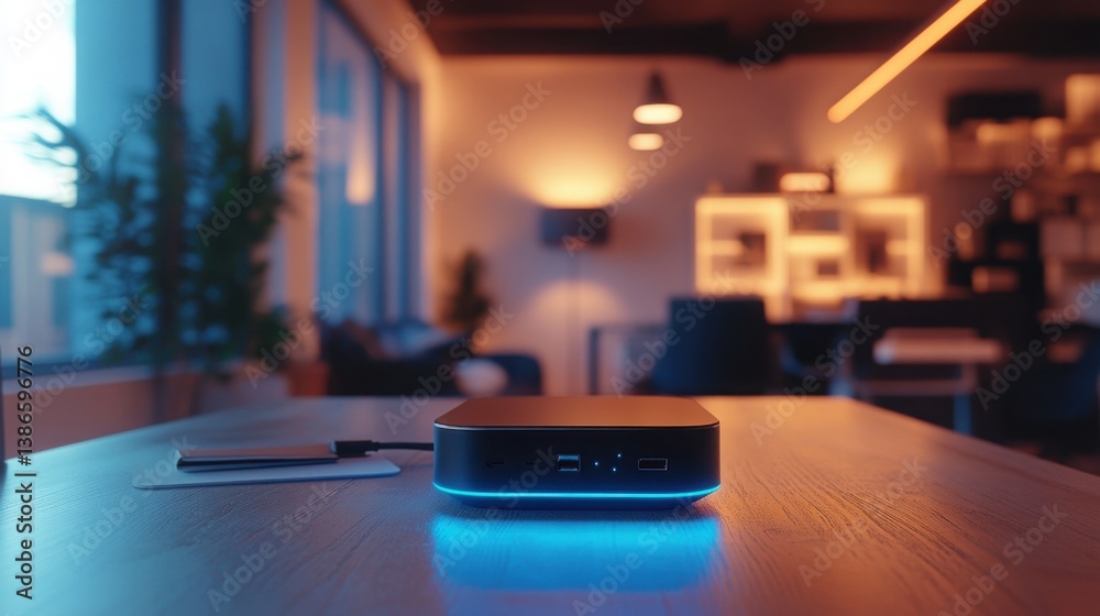 Compact Black Computer Device with Blue Light on Wooden Desk in Modern Home Office Compact Black Computer Device with Blue Light on Wooden Desk in Modern Home Office