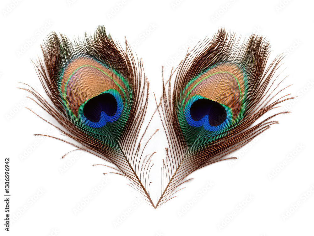 Obraz premium Heart formed by two peacock feathers with eye patterns visible on white background