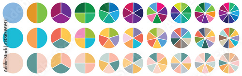 Pie chart set. Circle section graphs. Pie chart divided 1,2,3,4,5,6,7,8,9,10, equal parts. Wheel round diagram part symbol. Ring percentage diagram collection. Vector-eps 10