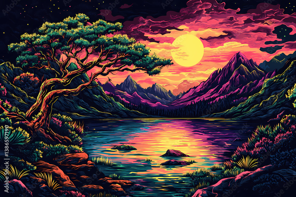 Fototapeta premium Pixelated Paradise: A vibrant, pixelated landscape presents a tranquil lake scene at dusk, under a large, glowing moon. Capturing a sense of calm with stylized beauty.