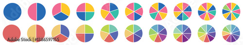 Pie chart set, segmented circle icons, circle diagram. Pie chart divided 1,2,3,4,5,6,7,8,9,10, equal parts. Infographic wheel segment or section part shapes. Vector illustration.