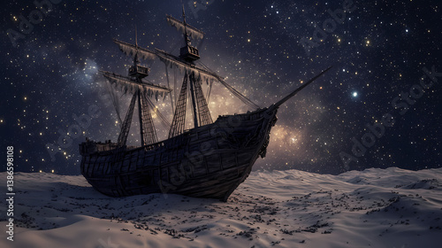 An ancient weathered galleon rests in the heart of a desolate sandy expanse under a starlit nocturnal sky, a testament to time and forgotten voyages. Forgotten Expanse. Illustration