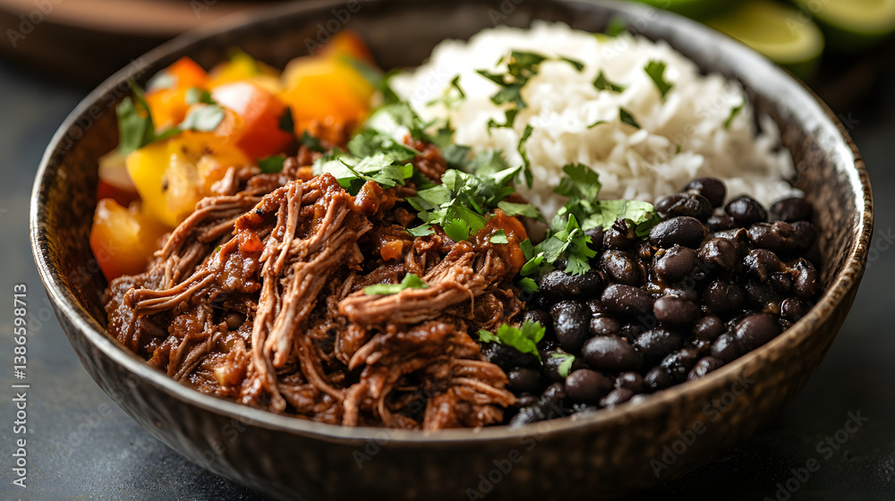 Delicious bowl of rice, black beans, shredded meat, and vegetables, creating a flavorful and balanced meal. Perfect for lunch or dinner. Delicious bowl of rice, black beans, shredded meat, and vegetables, creating a flavorful and balanced meal. Perfect for lunch or dinner.