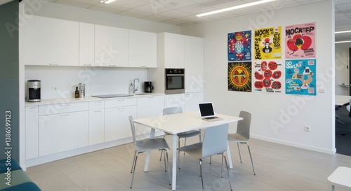Small Office Break Room with White Kitchen Units and Mock-up Poster Wall