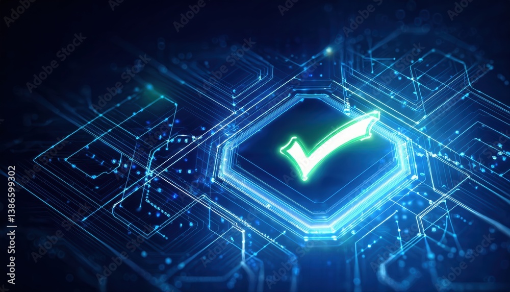 Fototapeta premium Glowing green tick symbol on circuit board representing digital approval and connectivity concept
