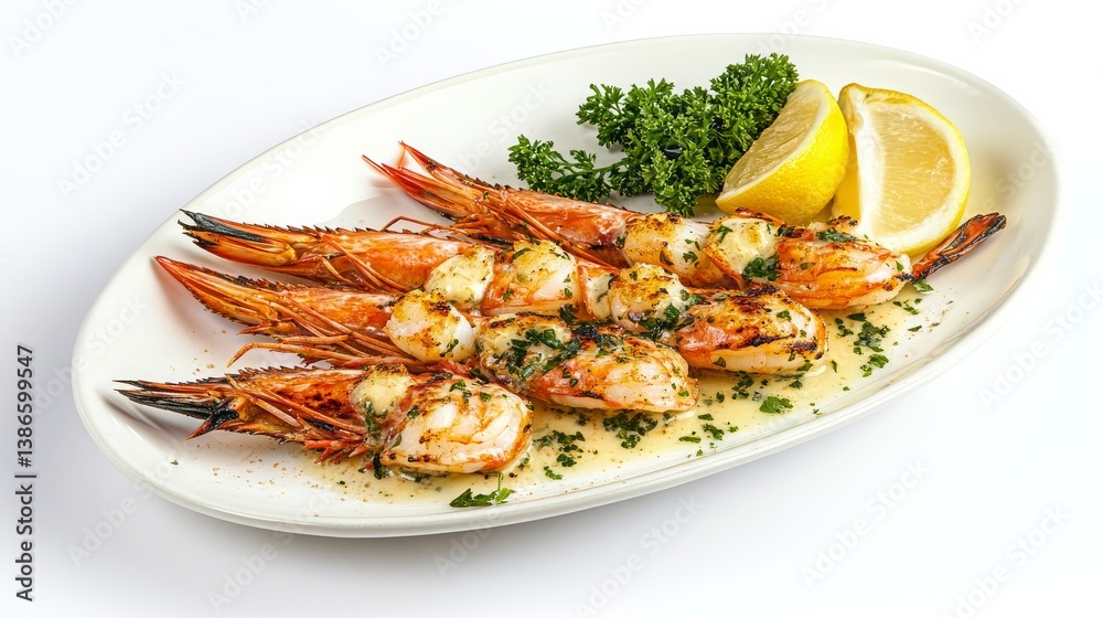 A plate of grilled shrimp with garlic butter and lemon. Featuring flavor and zest A plate of grilled shrimp with garlic butter and lemon. Featuring flavor and zest