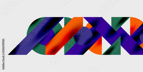 Abstract shapes overlap, creating dynamic composition. Vibrant colorspurple, green, orangeblend smoothly. Modern design, geometric forms, visual impact.