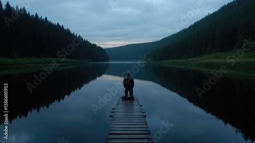 Solitude by a tranquil lake at dusk. A figure kneels on a wooden dock, reflecting on nature's beauty