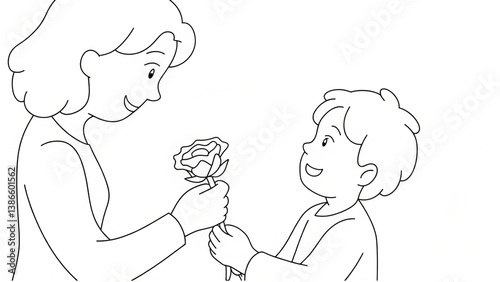 Mother’s Day drawing, child offering flower, rose gesture, looking up, innocence and love, emotional moment, cute child, parenting connection, line drawing, black and white sketch, pure affection, mot