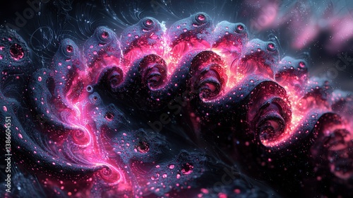 A complex and beautiful fractal design with a dark background and pink highlights. The organic - shaped metallic materials in the fractals glow in the light, and black lines on them add depth.