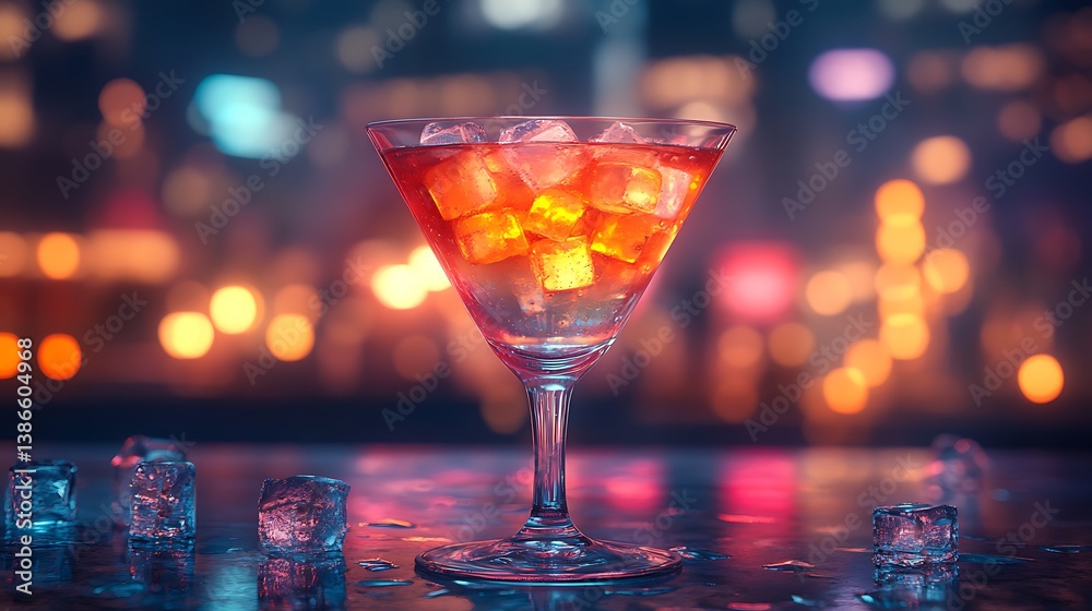 Colorful Cocktail in Elegant Martini Glass with Ice and Decorative Background Colorful Cocktail in Elegant Martini Glass with Ice and Decorative Background