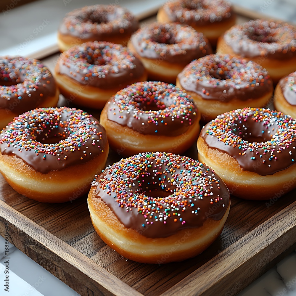 Elevated Angle of Delicious Chocolate Donuts with Colorful Sprinkles on a Wooden Board Elevated Angle of Delicious Chocolate Donuts with Colorful Sprinkles on a Wooden Board