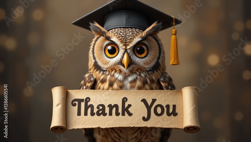 An owl wearing a graduation cap holds a scroll saying 'Thank You', symbolizing gratitude and achievement in a whimsical way.