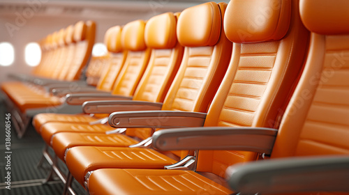 A row of orange airplane seats with headrests and armrests in an airplane cabin interior view