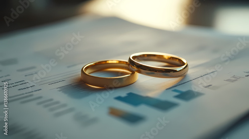 Wedding Rings: A symbolic close-up of two radiant wedding rings placed on a financial document, representing marriage, commitment, and possibly, the complexities of shared assets.
